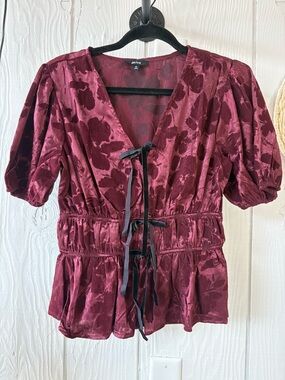 MINE Wine Floral Satin Tie-Front Puff Sleeve Blouse
